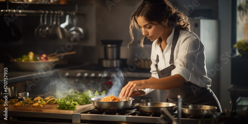 Female chef cooking in professional, kitchen environment, steam and blurred background