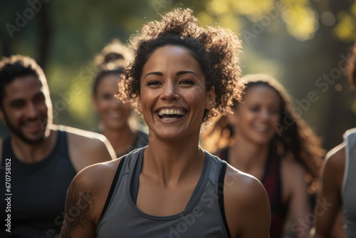 Friends engage in fitness activities while walking, running, and talking during a fun race in a city park. Their healthy and active lifestyles foster camaraderie. Generative Ai.