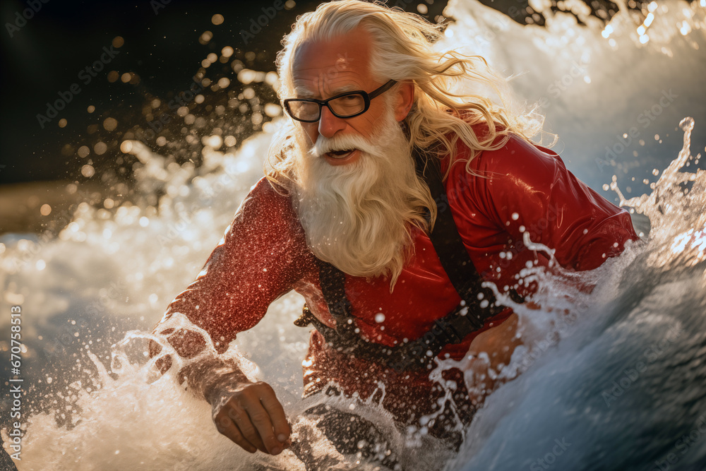 Whimsical illustration of Santa Claus catching a wave and surfing at a sunny beach Whimsical illustration of Santa Claus catching a wave and surfing at a sunny beach