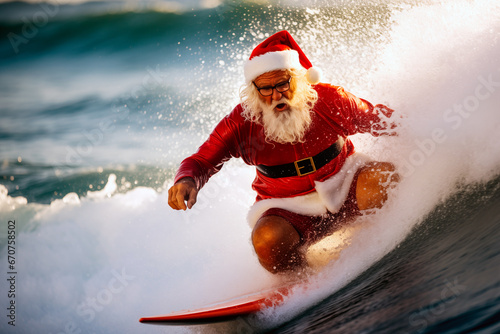 A whimsical illustration of Santa Claus catching a wave and surfing at a sunny beach