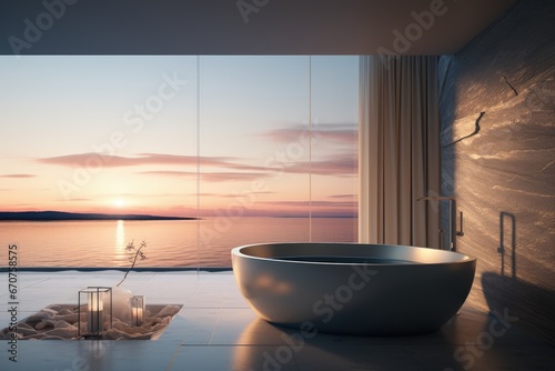 Bathroom design planning  luxury style flawless   relaxing place with a view of the sea scenery  magnificent original design. Toilet room for hygiene  space for spa.