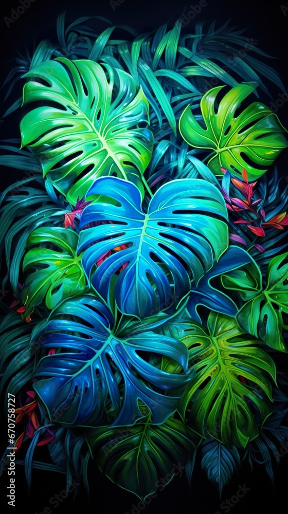 exotic leaves and flowers in neon glowing light background, colourful wallpaper exotic leaves and flowers in neon glowing light background, colourful wallpaper