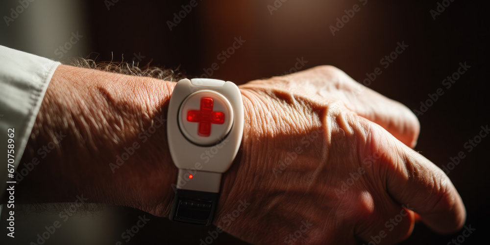 Old persons wrist, wearing medical panic button alarm  - obrazy, fototapety, plakaty 