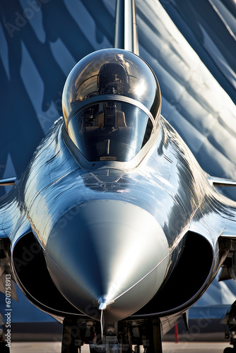 Close-up of nose cone. cockpit, canopy and pilot of advanced fighter jet