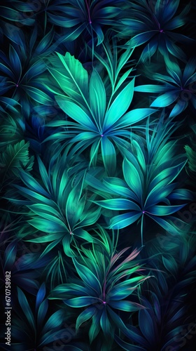 exotic leaves and flowers in neon glowing light background, colourful wallpaper © goami