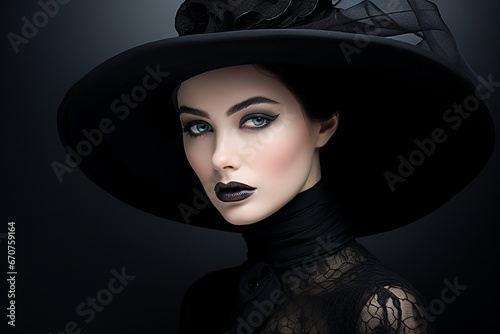 Woman in black on black background wearing black hat