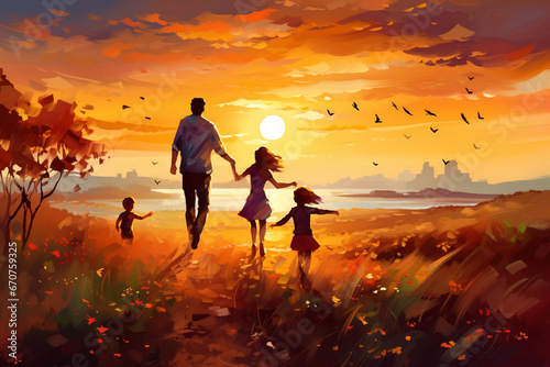 Happy family, mother father and kids running on the meadow on sunset. High quality photo
