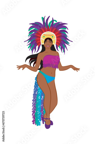  Illustration of a brown Brazilian woman in a carnival costume. happy and festive dance. Strong and vibrant colors. Vector isolated on transparent background