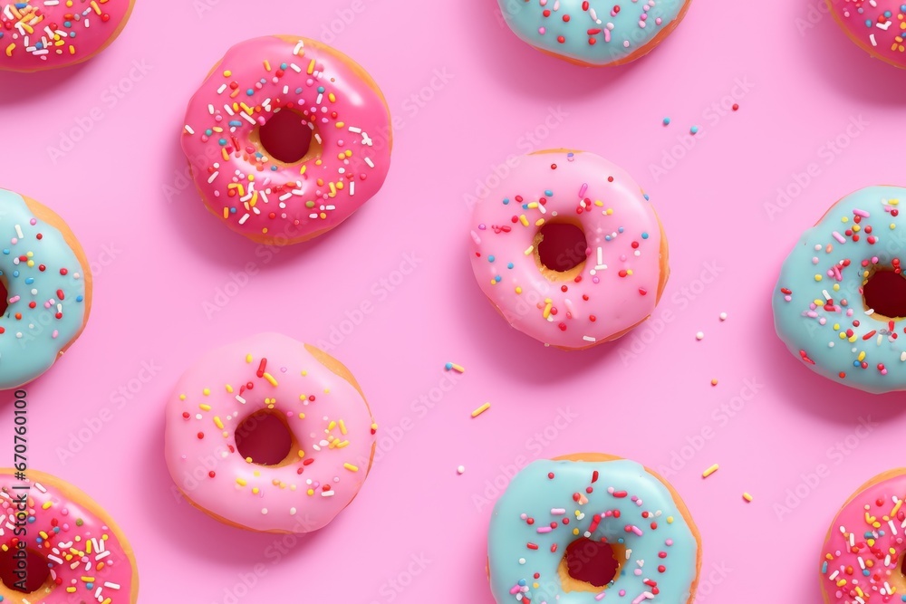 Repeating seamless pattern of glazed donuts on a pink surface