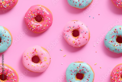 Repeating seamless pattern of glazed donuts on a pink surface © kasha_malasha