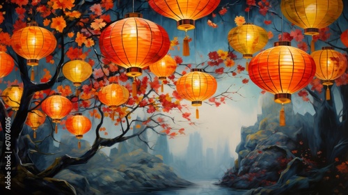 Beautiful glowing red Chinese lanterns, prosperity in the new year concept, Chinese New Year celebration