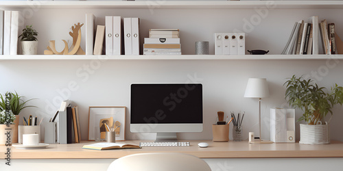  3d Illustration Of A Mockup Office With A Desktop Computer On The Table Background Natural Sunlight Illuminating a Minimalistic Contemporary Workspace with Copy space AI Generative © Kalsoom
