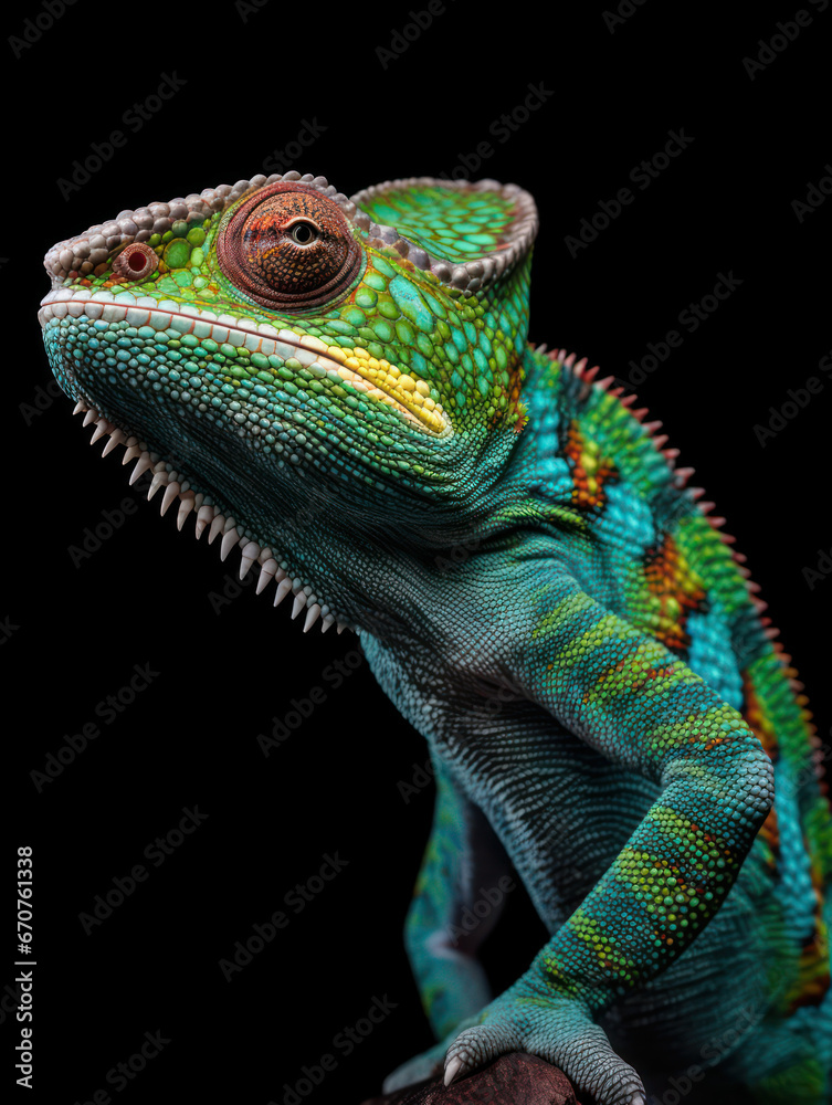Fototapeta premium Chameleon Studio Shot Isolated on Clear Black Background, Generative AI