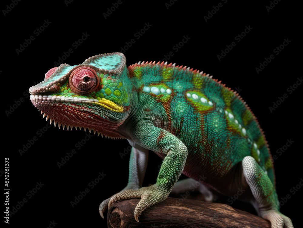 Fototapeta premium Chameleon Studio Shot Isolated on Clear Black Background, Generative AI