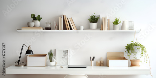 3D render of interior modern living room workspace Comfortable modern minimal Shelf with green plants against a white wall Generative AI
