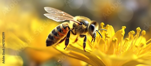 Honey bee collecting nectar on yellow flower © andri