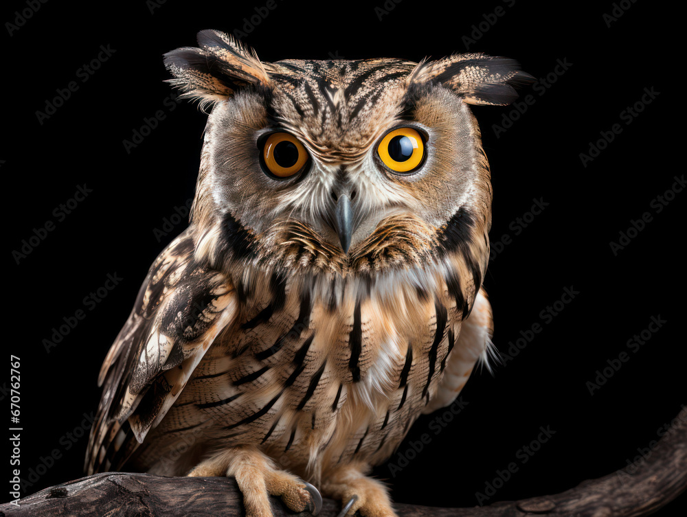 Owl Studio Shot Isolated on Clear Black Background, Generative AI Owl Studio Shot Isolated on Clear Black Background, Generative AI