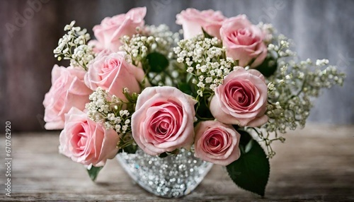 bouquet of pink roses, A romantic bouquet of roses and baby's breath in a heart-shaped vase