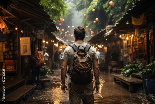 A traveler exploring an exotic market in a foreign country, capturing the spirit of adventure that comes with international migration. Generative Ai.