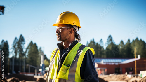 Construction worker with helmet on during work shift on construction site, concept of home building and industry
