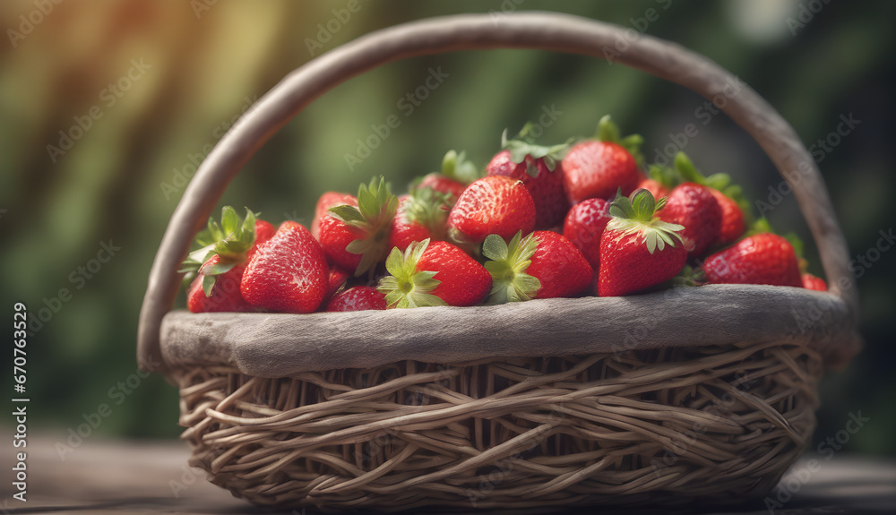 Abstract composition of fresh strawberries in a rustic basket with blurred background, food concept, generative ai Abstract composition of fresh strawberries in a rustic basket with blurred background, food concept, generative ai