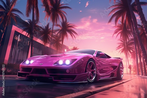 Retro car rides among the palm trees against the backdrop of the sunset in the beach. Delorean car in the night. 80's Retrowave, synthwave, vaporwave style. Design for poster, flyer, banner © ratatosk