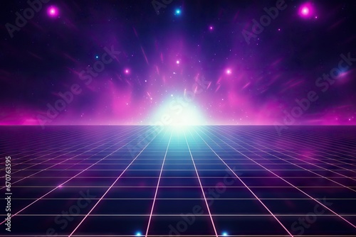 Futuristic retro landscape. Digital cyber surface with neon light grid. Sunset in cyber world. 80's and 90's retrowave, synthwave, vaporwave style. Design for poster, flyer, banner with copy space