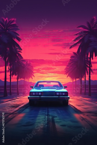 Retro car rides among the palm trees against the backdrop of the sunset in the beach. Delorean car in the night. 80's Retrowave, synthwave, vaporwave style. Design for poster, flyer, banner