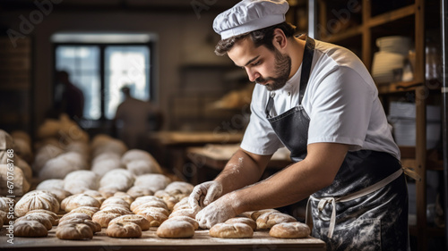 Baker in bakery making bread