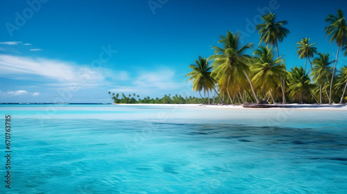 Beach with palm trees and sea, tropical island background with visually appealing palm trees and turquoise waters