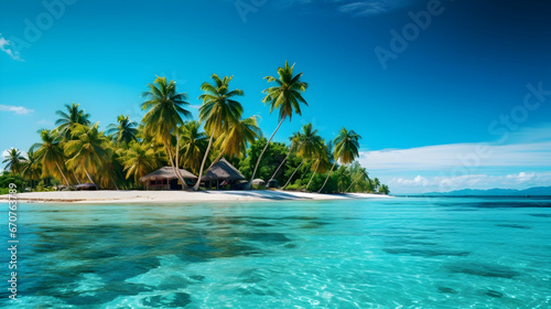 Beach with palm trees and sea, tropical island background with visually appealing palm trees and turquoise waters