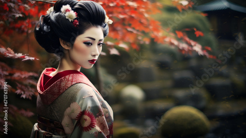 Traditional female geisha in a Japanese garden, red tree blossoms