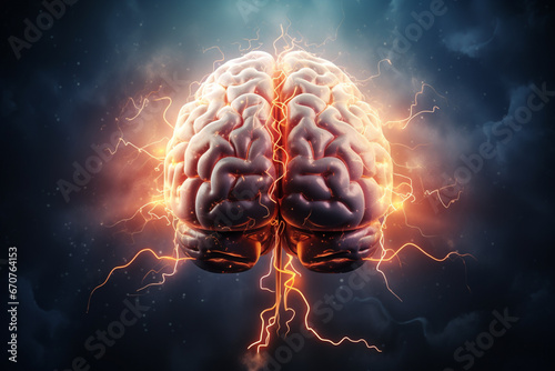 Illustration of exploding brain with neon and thunder lights, concept of brainstorming and creative thoughts photo