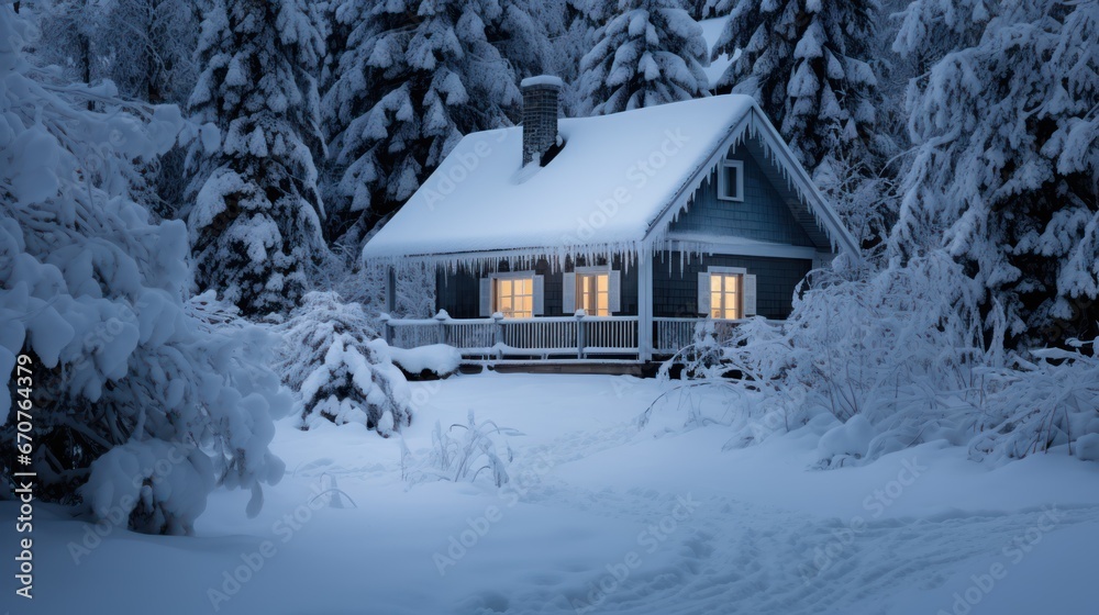 Cabin nestled in the snow, awaiting visitors