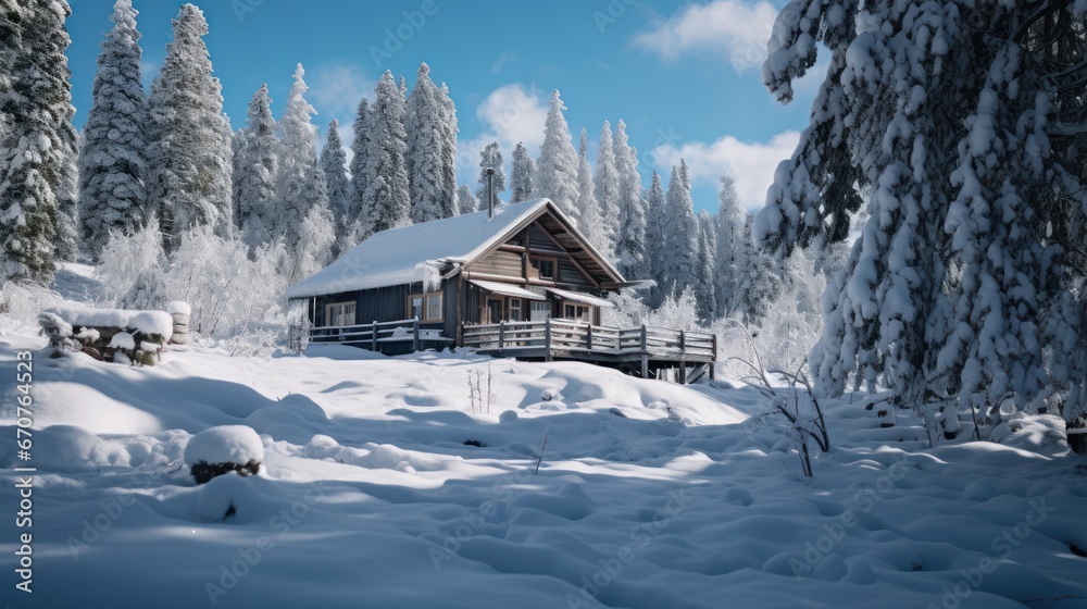 Cabin nestled in the snow, awaiting visitors