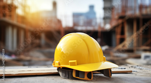 Construction house. Repair work. Drawings for building and yellow helmet on the background of a construction site closeup