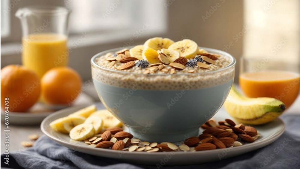 Morning Nutritious Breakfast Creamy Oatmeal, Sliced Bananas, Almonds, Chia Seeds, and Fresh Orange Juice in Soft Morning Sunlight... Morning Nutritious Breakfast Creamy Oatmeal, Sliced Bananas, Almonds, Chia Seeds, and Fresh Orange Juice in Soft Morning Sunlight...