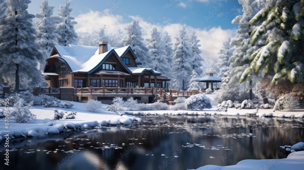 Fototapeta premium Snowy retreat offering peace and quietude