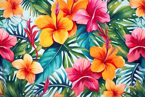 Tropical pattern with bright hibiscus flowers and exotic palm leaves on white background. Exotic floral jungle backdrop. Botanical wallpaper in Hawaiian style