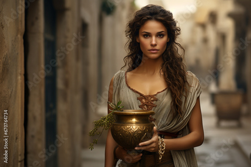 Fototapeta Naklejka Na Ścianę i Meble -  Attractive woman walking in city streets during ancient history in Greece or Roman empire, traditional dress