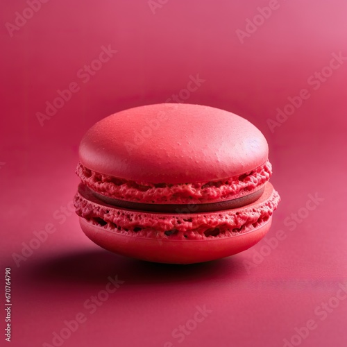 Strawberry macaroon isolated on pink background. French raspberry cookie. Gift for 8 March, International Women's Day, Valentine Day. Bakery concept with copy space