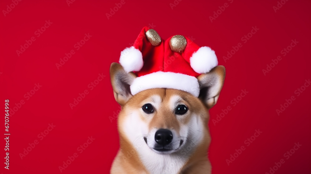 Cute dog pet animal with santa hat for christmas holiday season