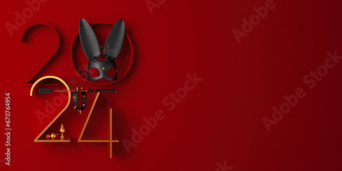 Creative 2024 New Year design template with BDSM elements: a rabbit mask, a leather whip, anal plugs and a collar with spikes.