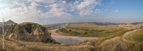 Panorama of Little Missouri River from a Bluff Along Wind Canyon Trail, Theodore Roosevelt National Park, North Dakota on a Smoky Autumn Day, Smoke from Canadian Wildfires © Jill Clardy