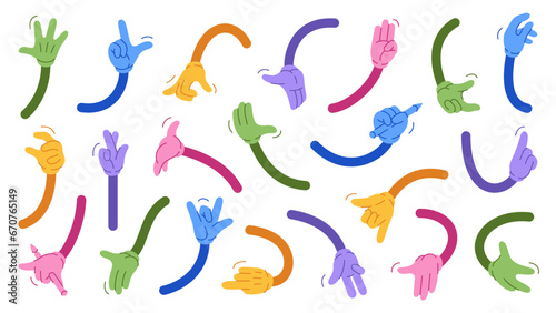 Mascot colorful arm collection. Vector set of different hands. Cartoon elements of old 1920 to 1950 design style. Creator for mascot characters of vintage poster.