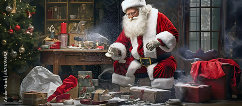 santa claus making a mess whilst opening christmas presents. AI generated.