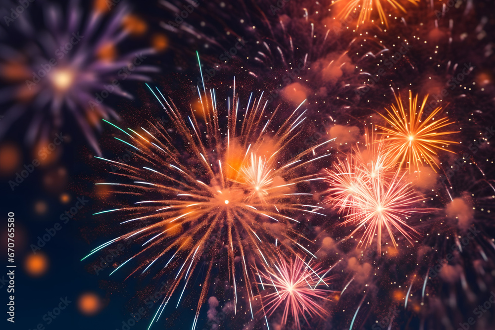 Fototapeta premium Fireworks festival celebrating Happy New Year holiday night