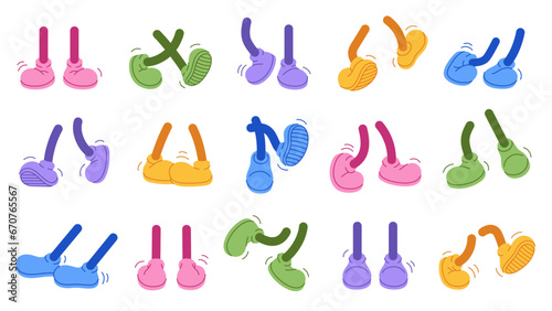 Vintage colored retro feet and boot vector collection. Comic retro feet in different poses, leg standing, walking, running, jumping. Isolated footwears set.