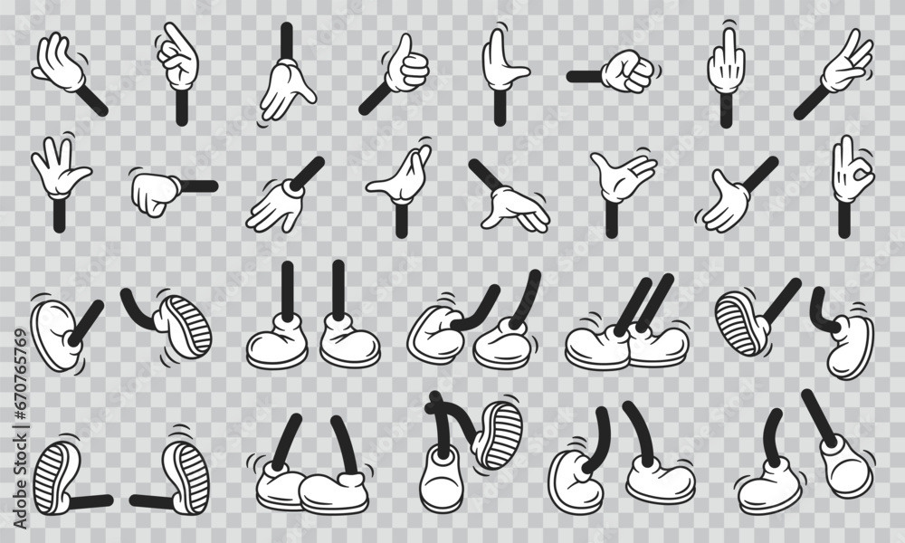 Vintage retro hands in gloves and feet in shoes. Comic retro feet and hands in different poses. Isolated mascot character elements of 1920 to 1950s. - obrazy, fototapety, plakaty 