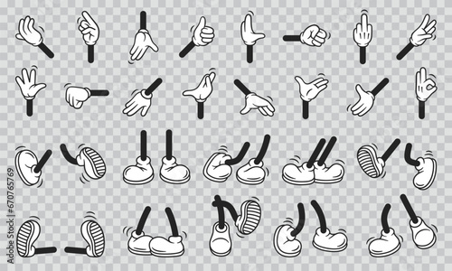 Vintage retro hands in gloves and feet in shoes. Comic retro feet and hands in different poses. Isolated mascot character elements of 1920 to 1950s.